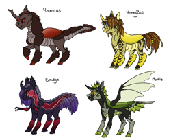 Size: 1046x852 | Tagged: safe, artist:phobicalbino, oc, oc only, oc:honey bee, oc:mottle, oc:raxarus, oc:smudge, species:changeling, arms, bee, beeling, brown changeling, changeling oc, dewclaw, green changeling, hair beads, multiple eyes, purple changeling, red eyes, simple background, white background, yellow changeling