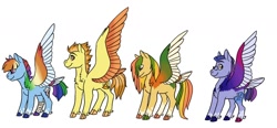 Size: 1280x596 | Tagged: safe, artist:phobicalbino, character:rainbow dash, character:spitfire, oc, oc:sparkfire, oc:thunder tantrum, parent:rainbow dash, parent:spitfire, parents:spitdash, species:pegasus, species:pony, ship:spitdash, colored wings, family, female, lesbian, magical lesbian spawn, male, mare, multicolored wings, next generation, offspring, quartet, shipping, simple background, spread wings, trans female, transgender, white background, wings