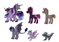 Size: 1099x784 | Tagged: safe, artist:phobicalbino, character:spike, character:tempest shadow, character:twilight sparkle, character:twilight sparkle (alicorn), oc, oc:night glimmer, oc:sunbright, species:alicorn, species:bat pony, species:dragon, species:pony, species:unicorn, ship:tempestlight, adopted offspring, bat pony alicorn, cloven hooves, colored fetlocks, colored hooves, colored horn, curved horn, dawn pony, dewclaw, female, gradient hair, horn, hybrid wings, leonine tail, lesbian, male, mare, shipping, simple background, stallion, unshorn fetlocks, white background, wing claws, winged spike, wings