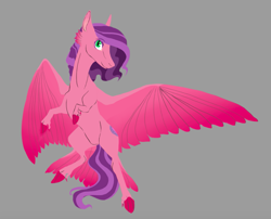 Size: 871x704 | Tagged: safe, artist:phobicalbino, oc, oc only, oc:sing-a-long, species:pegasus, species:pony, cheek feathers, dewclaw, female, gray background, mare, simple background, solo, spread wings, tail feathers, wings