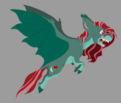 Size: 754x641 | Tagged: safe, artist:phobicalbino, oc, oc only, oc:pen rose, species:bat pony, species:pony, bat pony oc, cloven hooves, dewclaw, fangs, female, flying, gray background, mare, open mouth, sharp teeth, simple background, solo, spread wings, teeth, wings