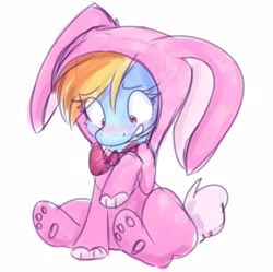 Size: 2167x2160 | Tagged: safe, artist:littleblackraencloud, character:rainbow dash, species:pony, animal costume, blushing, bow tie, bunny costume, clothing, costume, cute, dashabetes, embarrassed, female, footed sleeper, high res, kigurumi, mare, pajamas, simple background, sitting, solo, white background