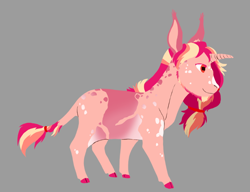 Size: 818x628 | Tagged: safe, artist:phobicalbino, oc, oc only, oc:peachy pink, species:pony, species:unicorn, cloven hooves, colored hooves, curved horn, facial hair, female, goatee, horn, large ears, leonine tail, mare, solo