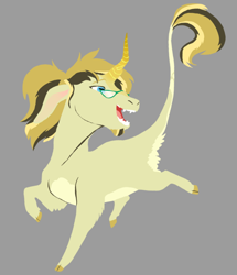 Size: 582x677 | Tagged: safe, artist:phobicalbino, oc, oc only, oc:painted rose, species:pony, species:unicorn, cloven hooves, colored horn, crooked horn, female, glasses, gray background, horn, leonine tail, mare, open mouth, simple background, solo