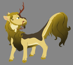 Size: 924x829 | Tagged: safe, artist:phobicalbino, oc, oc only, oc:gold ore, species:kirin, cloven hooves, female, gray background, kirin oc, looking back, simple background, solo, whiskers