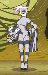 Size: 588x911 | Tagged: safe, artist:foxbeast, character:gilda, character:zecora, species:anthro, species:griffon, species:unguligrade anthro, species:zebra, arm hooves, barbie doll anatomy, bodysuit, breasts, character to character, clothing, cosplay, costume, disguise, featureless breasts, female, mask, masking, ponysuit, solo, wat