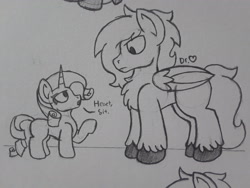 Size: 2576x1932 | Tagged: safe, artist:drheartdoodles, character:rarity, oc, oc:dr.heart, species:pegasus, species:pony, species:unicorn, clydesdale, simple background, size difference, traditional art
