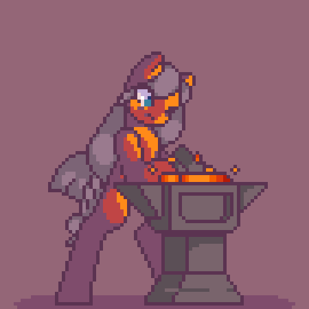 Size: 450x450 | Tagged: safe, artist:stockingshot56, oc, oc only, oc:golden spark, species:earth pony, species:pony, animated, anvil, gif, hammer, loop, pixel art, smithing