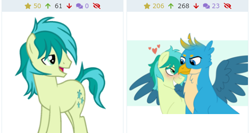 Size: 490x260 | Tagged: safe, artist:blueskysilversong, artist:cascayd, character:gallus, character:sandbar, species:earth pony, species:griffon, species:pony, derpibooru, ship:gallbar, episode:school daze, g4, my little pony: friendship is magic, blushing, gay, heart, interspecies, juxtaposition, looking at each other, male, meta, older, older gallus, older sandbar, shipping, simple background, smiling, spread wings, stallion, transparent background, wingboner, wings
