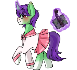 Size: 1100x1000 | Tagged: safe, artist:cottonsweets, oc, oc only, oc:crescent star, species:crystal pony, species:pony, species:unicorn, blushing, book, clothing, crossdressing, crystal unicorn, glasses, happy, magic, male, sailor uniform, schoolgirl, simple background, sissy, solo, transparent background, uniform, walking