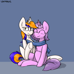 Size: 2000x2000 | Tagged: safe, artist:difis, artist:dumbf, oc, oc only, species:pony, species:unicorn, clothing, duo, eyes closed, scarf, shared clothing, shared scarf, sitting, smiling