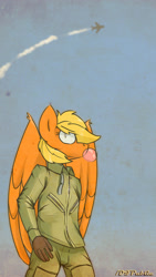 Size: 1440x2560 | Tagged: safe, artist:difis, artist:dumbf, oc, oc only, species:anthro, species:pegasus, species:pony, bubblegum, clothing, food, gloves, gum, jacket, pants, plane, solo
