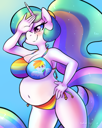 Size: 1500x1875 | Tagged: safe, artist:talimingi, edit, character:princess celestia, character:rainbow dash, species:alicorn, species:anthro, species:pegasus, species:pony, g4, alternate hairstyle, anthro with ponies, belly, belly button, big belly, bikini, blushing, breasts, busty princess celestia, clothing, commission, female, hair over one eye, hand on hip, implied rainbow dash, mare, ponytail, preglestia, pregnant, pregnant edit, rainbow bikini, rainbow dash bikini, rainbow underwear, smiling, solo, swimsuit, underwear