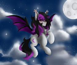 Size: 2600x2200 | Tagged: safe, artist:cottonsweets, oc, oc only, oc:dm||sm, species:bat pony, chest fluff, eye clipping through hair, fluffy, flying, moon, night, original character do not steal, smiling, solo, spread wings, wings