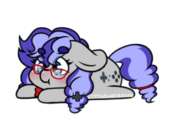 Size: 398x314 | Tagged: safe, artist:cottonsweets, part of a set, oc, oc only, oc:cinnabyte, species:earth pony, species:pony, :t, bean ych, blushing, chibi, cute, earth pony oc, eye clipping through hair, glasses, lying down, purple, simple background, solo, transparent background, ych result