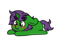Size: 398x314 | Tagged: safe, artist:cottonsweets, part of a set, oc, oc only, species:pony, species:unicorn, :t, beard, blushing, chibi, cute, eye clipping through hair, facial hair, green, lying down, purple, simple background, solo, transparent background, ych result