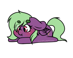 Size: 398x314 | Tagged: safe, artist:cottonsweets, part of a set, oc, species:pegasus, species:pony, :t, bean ych, blushing, chibi, cute, eye clipping through hair, green, lying down, pink, purple, simple background, solo, transparent background, ych result