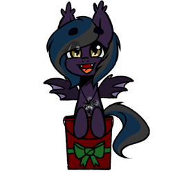 Size: 700x700 | Tagged: safe, artist:cottonsweets, part of a set, oc, oc only, species:bat pony, species:pony, bucket, commission, cute, eye clipping through hair, purple, ribbon, simple background, solo, transparent background, ych result