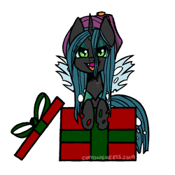 Size: 700x700 | Tagged: safe, artist:cottonsweets, part of a set, character:queen chrysalis, species:changeling, antagonist, christmas changeling, clothing, commission, cute, cutealis, female, hat, present, simple background, solo, transparent background, ych result