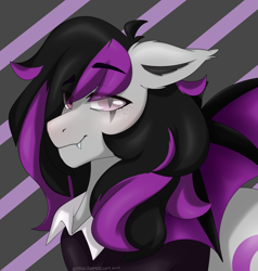 Size: 2000x2100 | Tagged: safe, artist:cottonsweets, oc, oc only, oc:darkmoon, species:bat pony, species:pony, bust, clothing, original character do not steal, portrait, purple, scar, smiling, solo
