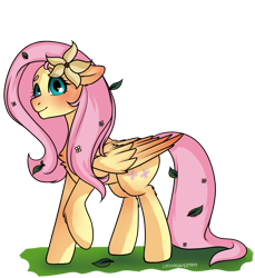 Size: 1100x1200 | Tagged: safe, artist:cottonsweets, character:fluttershy, species:pegasus, species:pony, blushing, butterfly, cute, female, flower, fluffy, freckles, grass, leaves, original art, pink, shyabetes, simple background, solo, transparent background, yellow