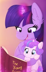 Size: 1280x1978 | Tagged: safe, artist:littleblackraencloud, character:princess flurry heart, character:twilight sparkle, character:twilight sparkle (alicorn), species:alicorn, species:pony, aunt and niece, baby, baby pony, best aunt ever, book, chest fluff, cute, duo, ear fluff, female, flurrybetes, gradient background, magic, mare, open mouth, reading, telekinesis, twiabetes