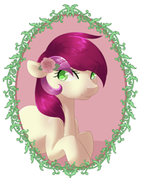 Size: 1024x1280 | Tagged: safe, artist:rue-willings, character:roseluck, species:earth pony, species:pony, colored pupils, cute, cuteluck, eye clipping through hair, eyebrows, eyebrows visible through hair, female, flower, flower in hair, mare, simple background, solo, transparent background