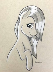 Size: 649x874 | Tagged: safe, artist:peruserofpieces, character:marble pie, species:earth pony, species:pony, female, hair over one eye, looking at you, mare, pencil drawing, smiling, toned paper, traditional art