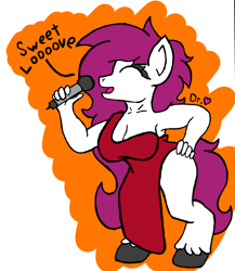 Size: 838x965 | Tagged: safe, alternate version, artist:drheartdoodles, oc, oc:mamma, species:anthro, species:unguligrade anthro, armpits, big breasts, breasts, clothing, clydesdale, digital, dress, female, hand on hip, microphone, milf, singing, sketch, smiling, thighs, thunder thighs