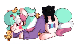 Size: 1326x780 | Tagged: safe, artist:cottonsweets, oc, oc only, oc:cottonsweets, species:bird, species:duck, species:pony, species:unicorn, black cat, candy pony, cat, catpony, clothing, cute, female, food, food pony, mare, marshmallow, multicolored hair, nuzzling, original species, simple background, smiling, solo, sweater, transparent background