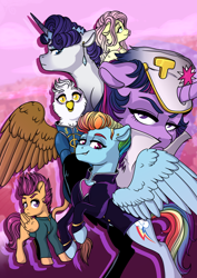 Size: 2894x4093 | Tagged: safe, artist:whalepornoz, character:fluttershy, character:gilda, character:rainbow dash, character:rarity, character:scootaloo, character:twilight sparkle, character:twilight sparkle (alicorn), species:alicorn, species:griffon, species:pegasus, species:pony, species:unicorn, alternate hairstyle, anime, anime style, clothing, crossover, diamond is unbreakable, jojo's bizarre adventure