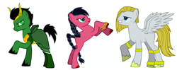 Size: 1188x470 | Tagged: safe, species:earth pony, species:pegasus, species:pony, braid, cloak, clothing, devil horns, female, frown, grin, lady sif, loki, male, mare, ponified, pony creator, raised hoof, rearing, simple background, smiling, stallion, thor, unshorn fetlocks, white background