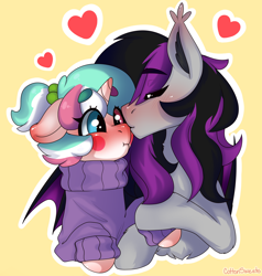 Size: 2000x2100 | Tagged: safe, artist:cottonsweets, oc, oc only, oc:cottonsweets, oc:darkmoon, species:bat pony, species:pony, species:unicorn, blushing, candy pony, cat, catpony, clothing, fluffy, food, food pony, heart, holding hooves, marshmallow, multicolored hair, original art, original character do not steal, original species, shipping, simple background, smooch, sweater, yellow background
