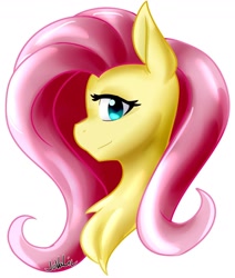 Size: 1100x1300 | Tagged: safe, artist:jovalic, character:fluttershy, species:pony, bust, chest fluff, cute, female, looking at you, mare, portrait, profile, shyabetes, simple background, solo, white background