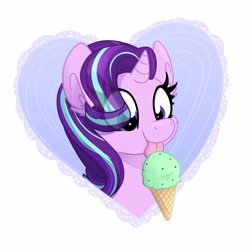 Size: 2500x2500 | Tagged: safe, artist:littleblackraencloud, character:starlight glimmer, species:pony, species:unicorn, bust, cute, eating, eye clipping through hair, female, food, glimmerbetes, happy, heart, heart background, high res, ice cream, ice cream cone, licking, mare, solo, tongue out