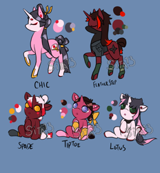 Size: 1300x1400 | Tagged: safe, artist:lavvythejackalope, oc, oc only, oc:chic, oc:feather step, oc:lotus, oc:spade, oc:tiptoe, species:pony, species:unicorn, baby, baby pony, bow, clothing, colored hooves, eyes closed, hair bow, horn, leg warmers, makeup, sitting, unicorn oc, vest