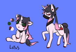 Size: 1000x680 | Tagged: safe, artist:lavvythejackalope, oc, oc only, oc:lotus, species:pony, species:unicorn, :o, baby, baby pony, clothing, colored hooves, eyes closed, horn, open mouth, raised hoof, reference sheet, scarf, sitting, unicorn oc