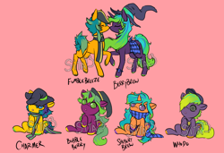 Size: 1900x1300 | Tagged: safe, artist:lavvythejackalope, oc, oc only, oc:berry brew, oc:bubble berry, oc:charmer, oc:fumble breeze, oc:sherbert brew, oc:whodo, species:earth pony, species:pony, species:unicorn, :o, baby, baby pony, clothing, earth pony oc, hair over one eye, hat, horn, open mouth, raised hoof, reference sheet, scarf, simple background, sitting, unicorn oc, witch hat