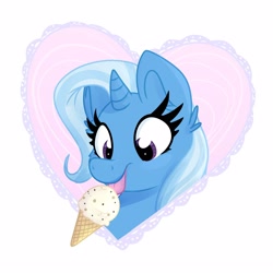 Size: 2500x2500 | Tagged: safe, artist:littleblackraencloud, character:trixie, species:pony, species:unicorn, bust, cheek fluff, cute, diatrixes, ear fluff, female, food, heart, high res, ice cream, licking, mare, portrait, smiling, solo, tongue out