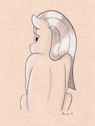 Size: 3312x4377 | Tagged: safe, artist:peruserofpieces, character:marble pie, species:earth pony, species:pony, female, looking back, looking over shoulder, mare, pencil drawing, solo, toned paper, traditional art