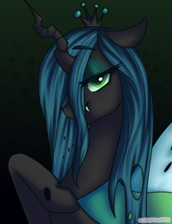 Size: 1000x1300 | Tagged: safe, artist:cottonsweets, character:queen chrysalis, species:changeling, bedroom eyes, changeling queen, cute, cutealis, fanart, fangs, female, looking at you, queen, solo