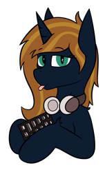Size: 1192x1960 | Tagged: safe, artist:bitrate16, oc, oc only, species:pony, species:unicorn, bat pony eyes, blep, bust, headphones, holding, keyboard, looking at you, portrait, simple background, solo, tongue out, transparent background, vector