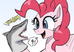 Size: 1280x905 | Tagged: safe, artist:satv12, character:pinkie pie, species:pony, dialogue, excited, female, hand puppet, happy, mare, shark, simple background, solo, speech bubble, thesharkpuppet, yeah