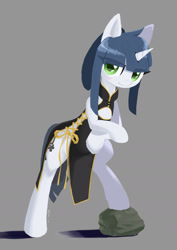 Size: 1280x1810 | Tagged: safe, artist:satv12, oc, oc only, oc:sprite moon, species:pony, species:unicorn, cheongsam, clothing, female, gray background, mare, rock, semi-anthro, simple background, smiling, solo