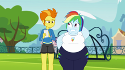 Size: 2560x1440 | Tagged: safe, artist:neongothic, character:rainbow dash, character:spitfire, my little pony:equestria girls, bbw, breasts, busty rainbow dash, chubby, chubby dash, fat, female, nervous grin, notepad, obese, pencil, rainblob dash, spitfire is not amused, story included, thighs, thunder thighs, weight gain
