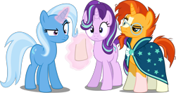 Size: 5478x2925 | Tagged: safe, artist:8-notes, artist:drakizora, artist:mundschenk85, edit, editor:slayerbvc, character:starlight glimmer, character:sunburst, character:trixie, species:pony, species:unicorn, blaze (coat marking), clothing, confused, female, frown, glasses, levitation, magic, male, mare, raised eyebrow, reality ensues, robe, simple background, skin, socks (coat marking), stallion, sunburst is not amused, sunburst's glasses, sunburst's robe, telekinesis, transparent background, unamused, vector, vector edit