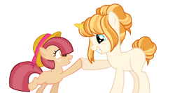 Size: 1316x704 | Tagged: safe, artist:rosebuddity, artist:strawberry-spritz, oc, oc only, species:earth pony, species:pony, species:unicorn, clothing, female, filly, hat, hoofbump, mare, simple background, transparent background