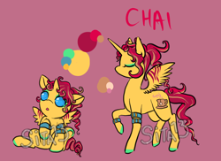 Size: 1100x800 | Tagged: safe, artist:lavvythejackalope, oc, oc only, oc:chai, species:alicorn, species:pony, :o, alicorn oc, baby, baby pony, bracelet, colored hooves, duo, eyes closed, jewelry, makeup, open mouth, reference sheet, simple background, sitting, text