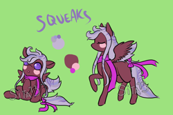 Size: 1200x800 | Tagged: safe, artist:lavvythejackalope, oc, oc only, oc:squeaks, species:pegasus, species:pony, :o, baby, baby pony, blush sticker, blushing, bow, clothing, duo, eyes closed, open mouth, pegasus oc, reference sheet, scarf, simple background, sitting, tail bow, text, underhoof, wings