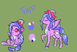 Size: 1200x800 | Tagged: safe, artist:lavvythejackalope, oc, oc only, oc:teapot, species:pegasus, species:pony, :o, baby, baby pony, blush sticker, blushing, clothing, colored hooves, duo, eyes closed, hat, open mouth, pegasus oc, reference sheet, simple background, sitting, text, underhoof, wings